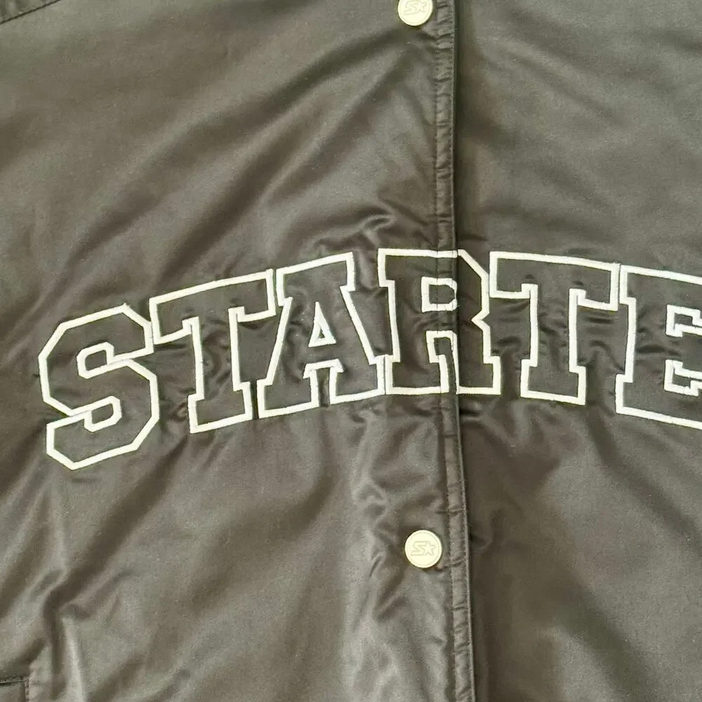 Starter Varsity Jacket Bomber Snap Front Satin Logo Retro Small Black NEW